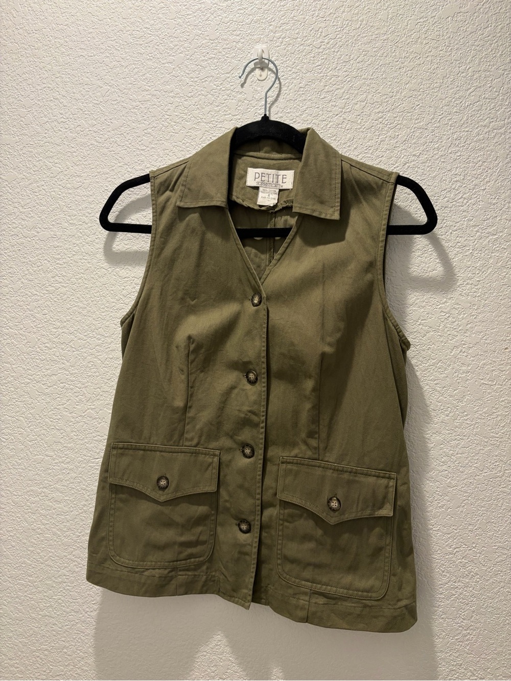 Petite Sophisticate Vintage Olive Green Sleeveless Utility Jacket